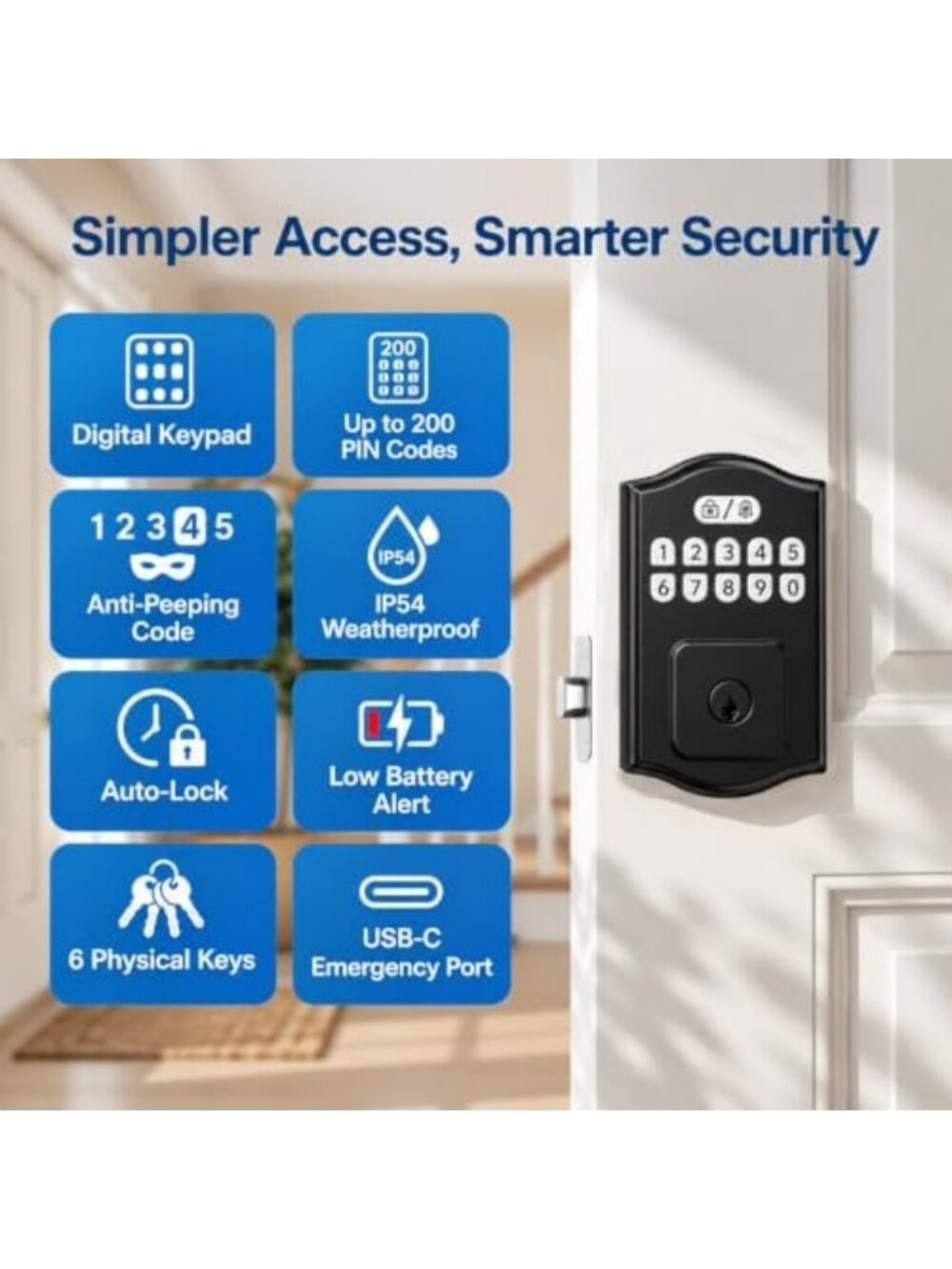 Smart Keyless Entry Deadbolt Lock with Keypad, 200 User Codes, Auto-Lock Feature - Picture 2 of 6